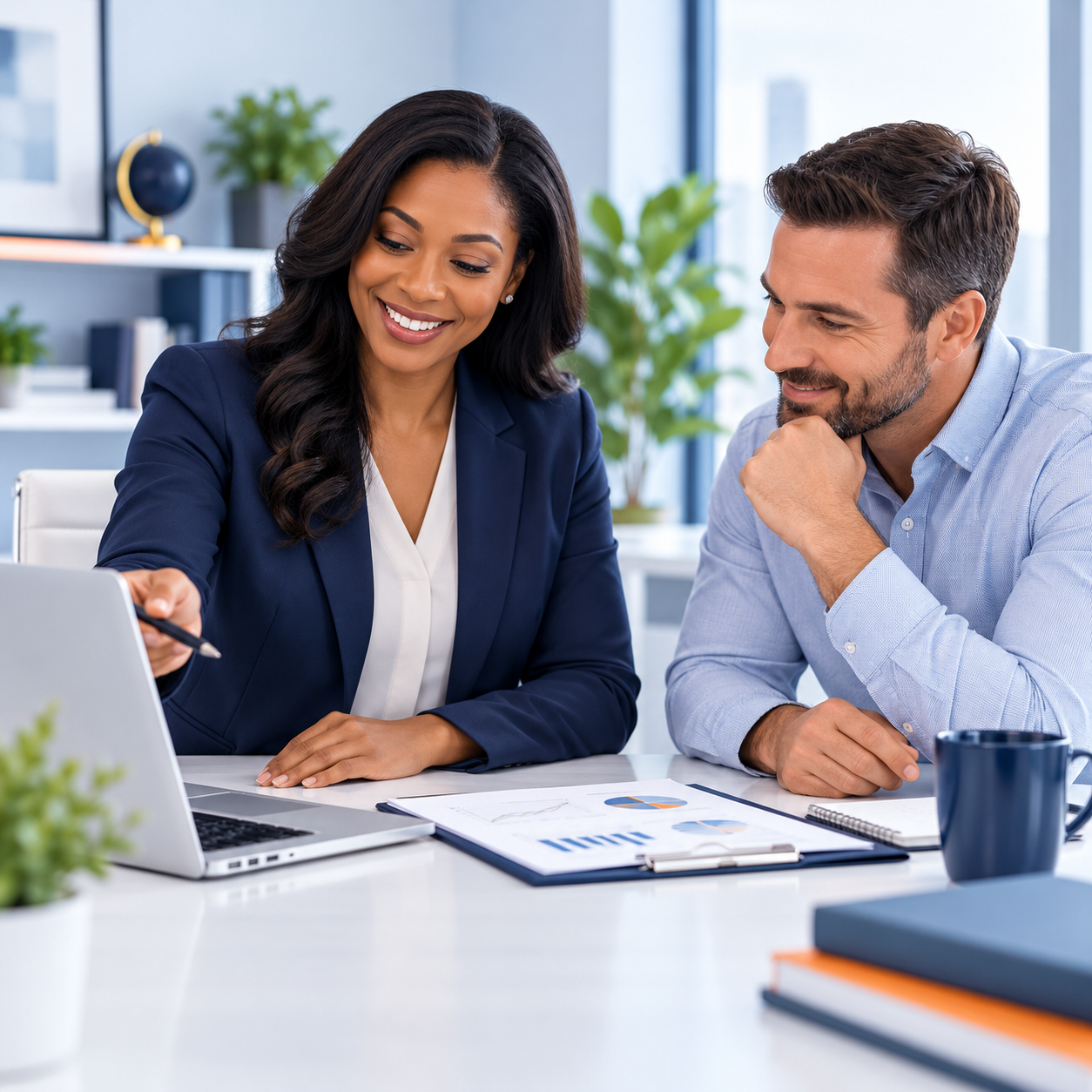 a professional showing the client's status on a computer